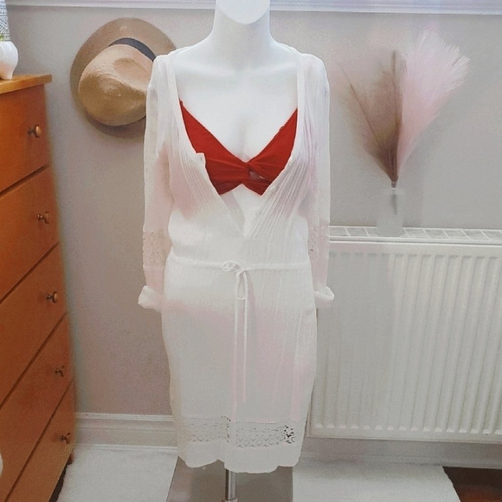 RESORT- White Long Sleeve Cotton Blend Beach Dress- Size 2